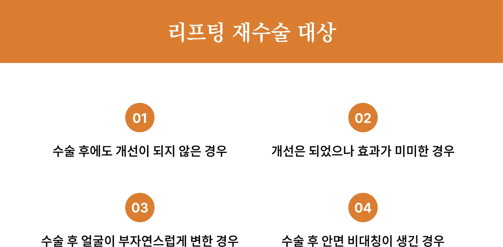 리프팅 재수술 대상 — 개선 안 됨·효과 미미·부자연·비대칭